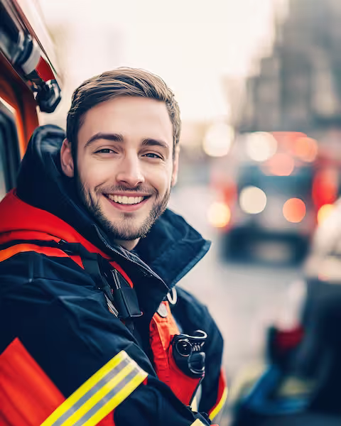 Ein lächelnder Feuerwehrmann in Uniform steht neben einem Feuerwehrauto, mit Einsatzfahrzeugen und unscharfen Lichtern der Stadt im Hintergrund, und fängt einen Moment des alltäglichen Heldentums ein, der sich perfekt für eine Geschäftsreportage eignet. Fotoherold - Fotografenteam Mannheim-Heidelberg