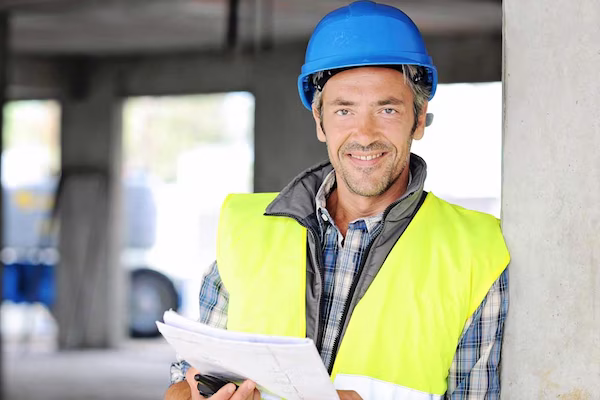 Ein Mann mit blauem Schutzhelm und gelber Sicherheitsweste steht in einem Gebäude auf einer Baustelle, hält Papiere in der Hand und lächelt in die Kamera.
